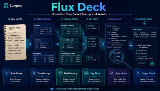 Flux Deck software interface with data flow diagram on a dark background