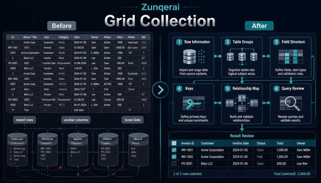 Zungerial Grid Collection comparison before and after diagram on a dark background