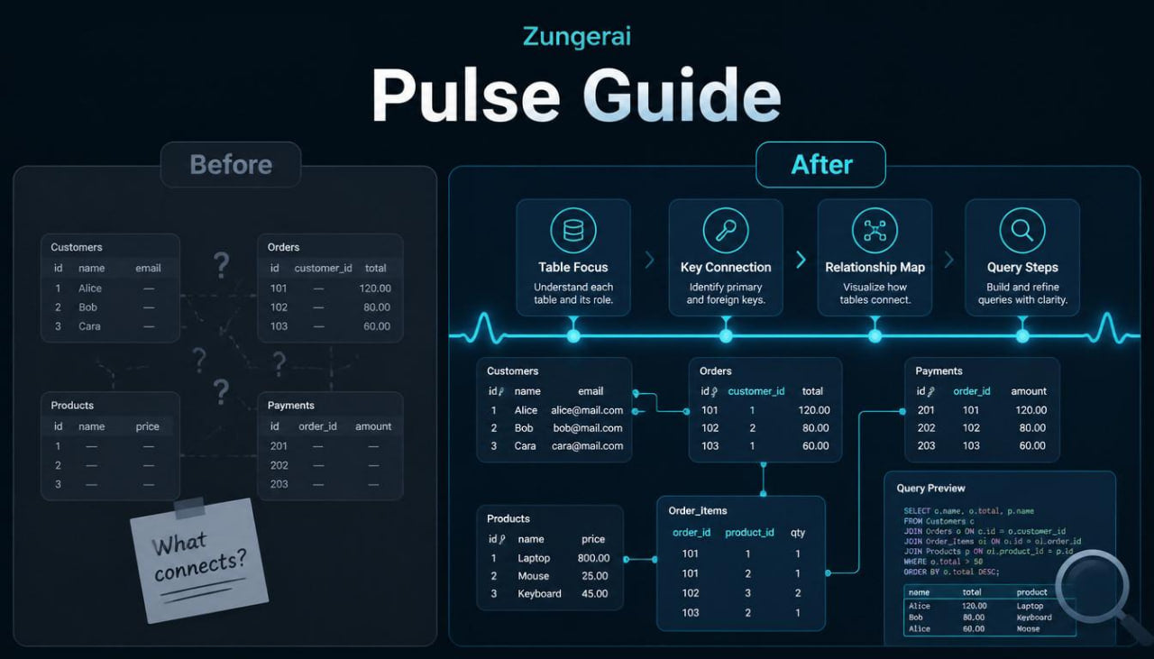 Zungerai Pulse Guide comparison before and after diagram on a dark background