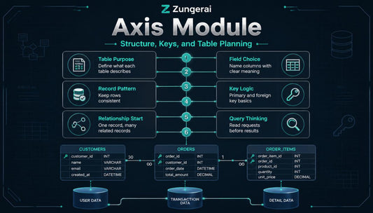 Diagram of Zungerai Axis Module with table structure and planning on a dark background