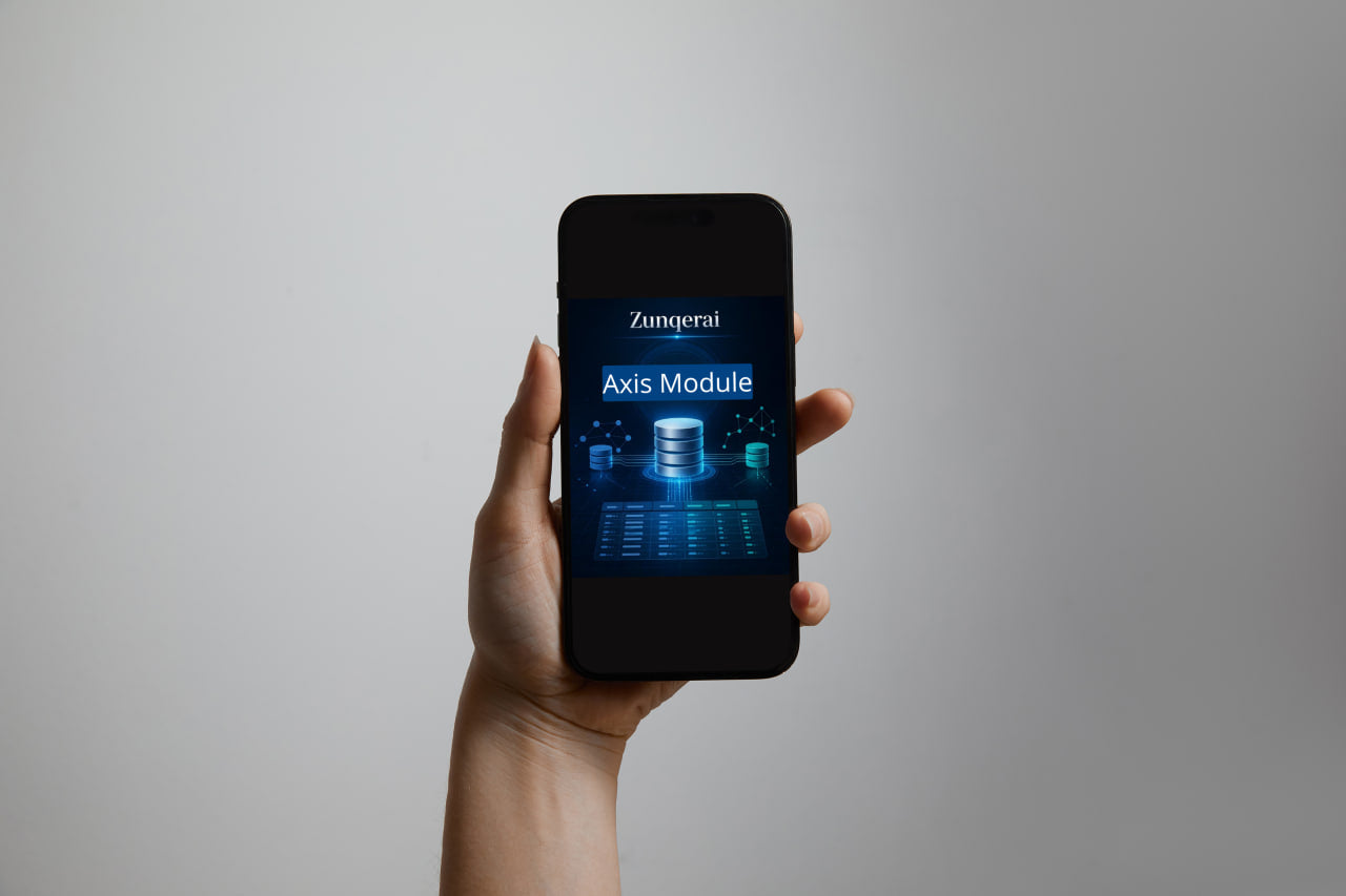 Hand holding a smartphone displaying the Zongerai Axis Module app on a gray background