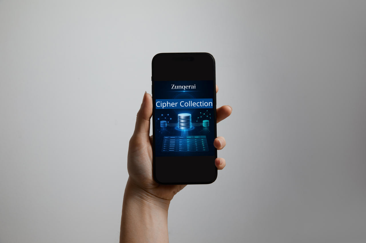 Hand holding a smartphone displaying the Zongerai Cipher Collection app on a gray background