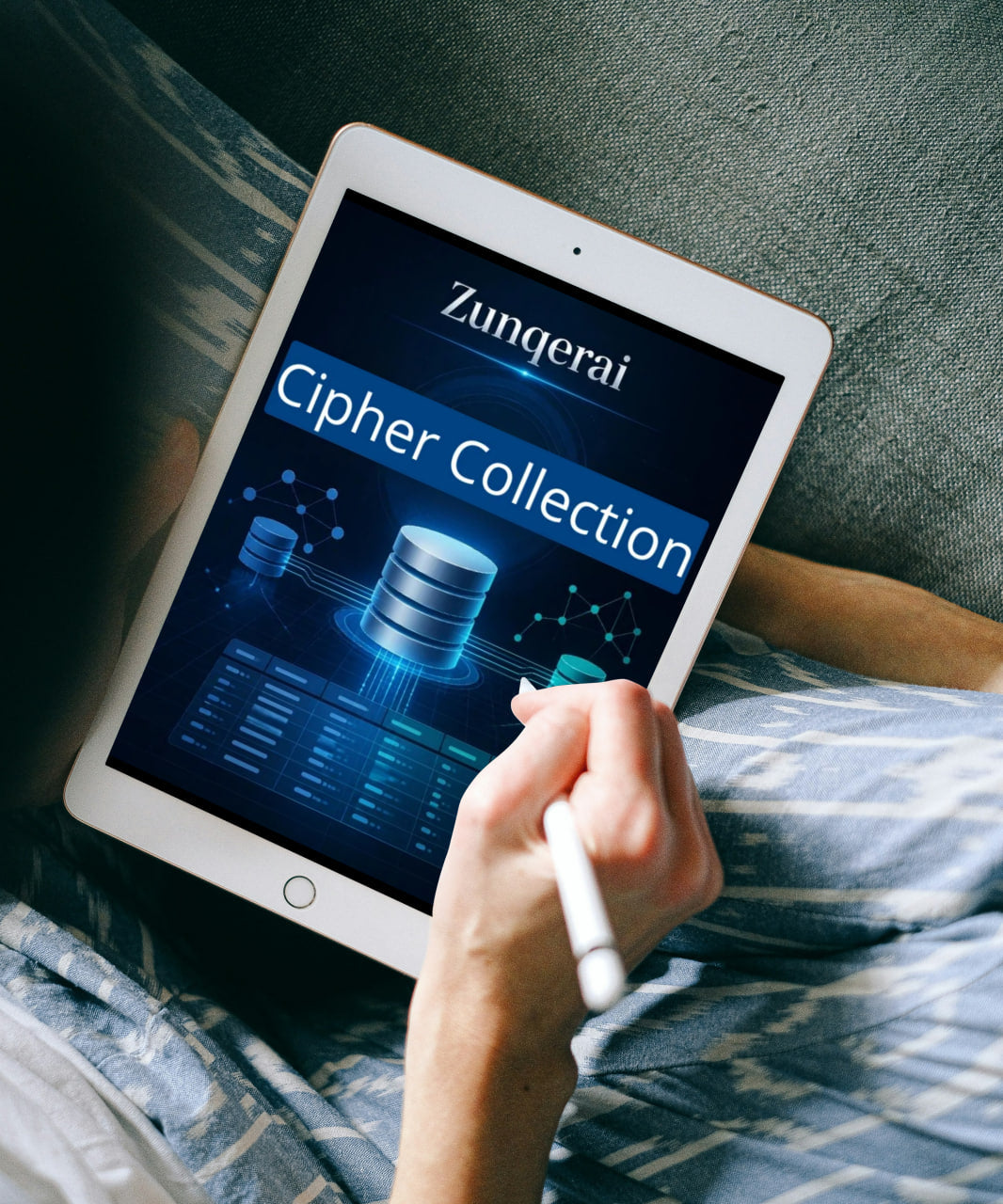 Person holding a tablet displaying Zungerai Luma Collection on a textured surface