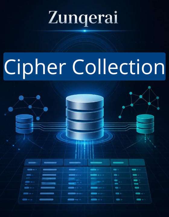 Zunqerai Cipher Collection with database icons and network diagrams on a dark background