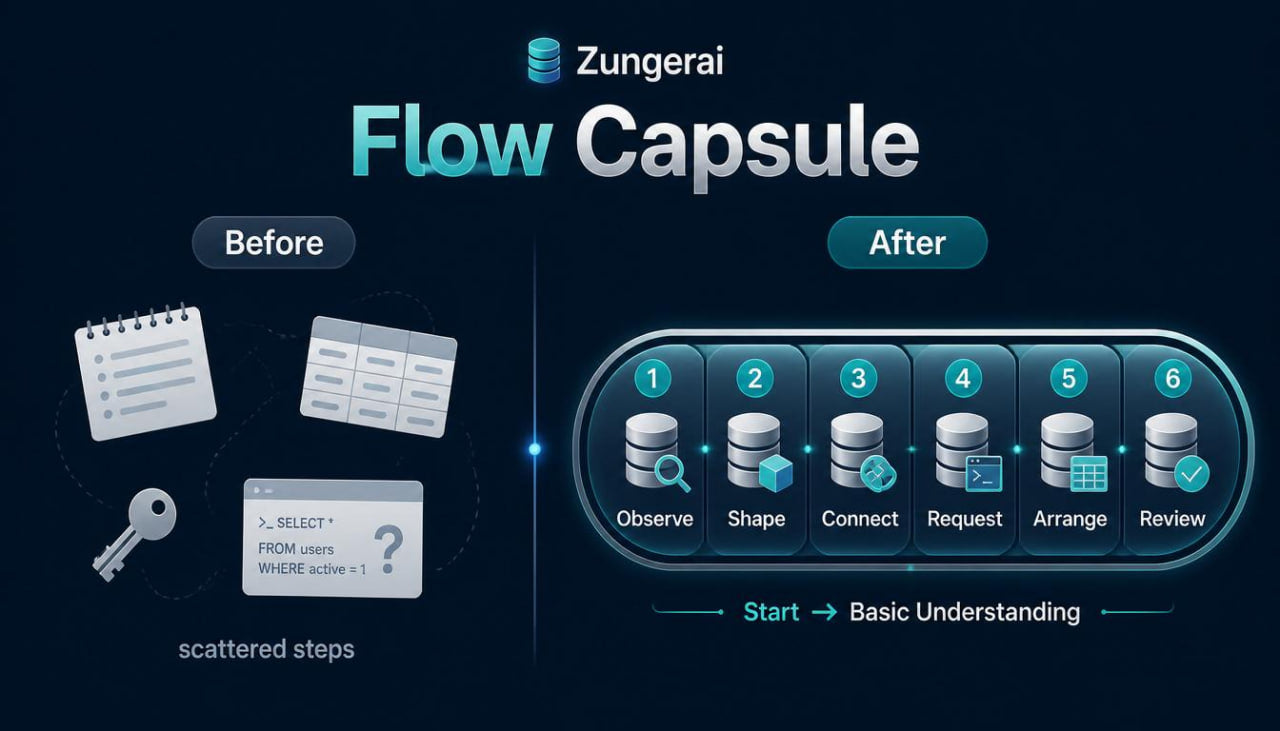 Zungerai Flow Capsule diagram showing before and after steps with icons and text on a dark background.