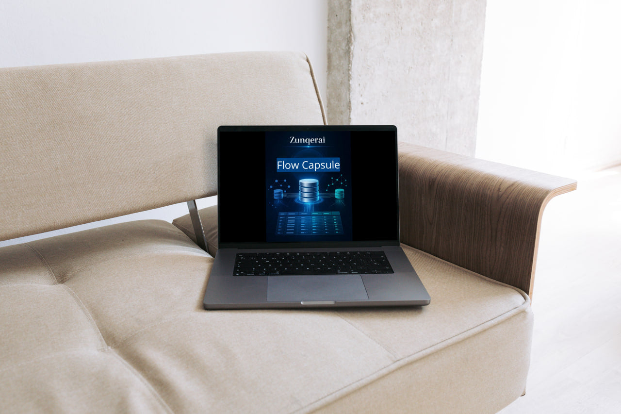 Laptop on a beige sofa with a visible brand logo on the screen