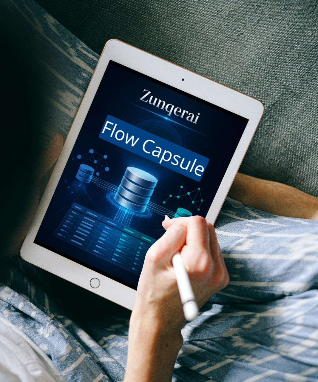 Person holding a tablet displaying Zungerai Flow Capsule on a bed