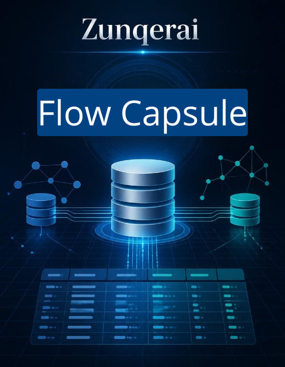 Zunqerai Flow Capsule with database and network icon design on a dark background