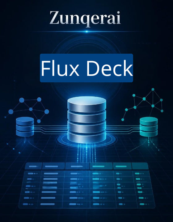 Zunqerai Flux Deck with database and network icon design on a dark background