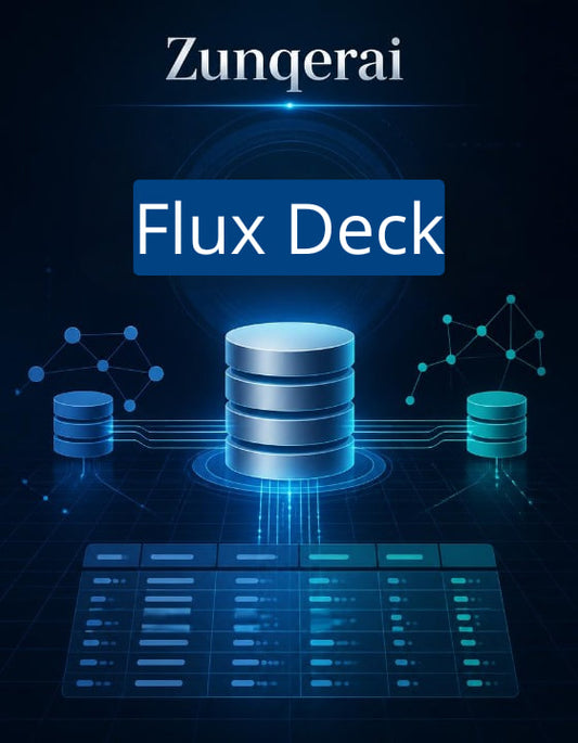 Zunqerai Flux Deck with database and network icon design on a dark background