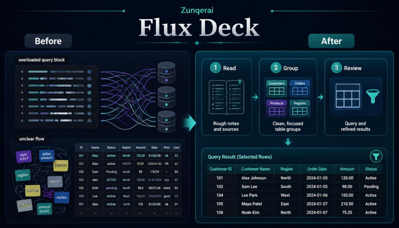 Zungerae Flux Deck before and after comparison on a dark background