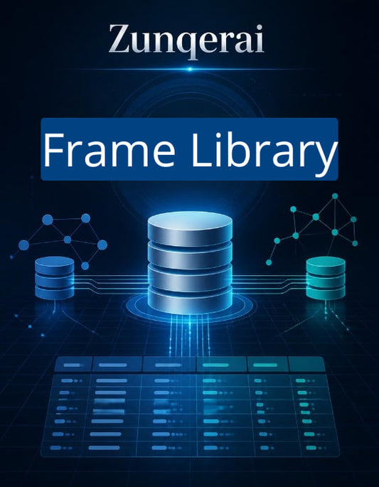 Zunqerai Frame Library with database icons and network diagrams on a dark background
