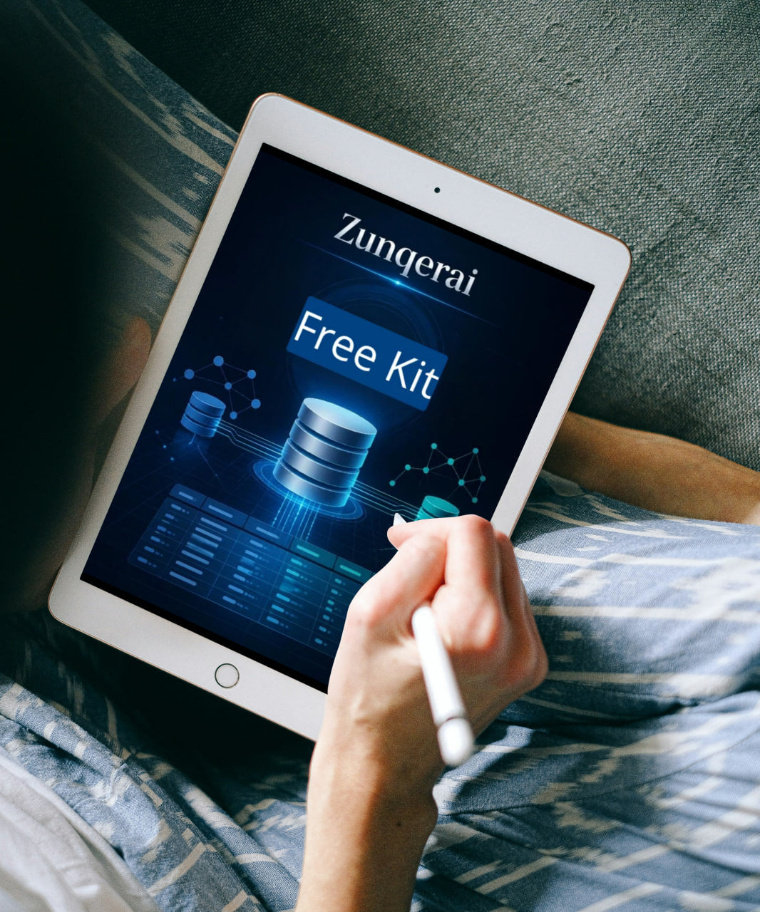 Person holding a tablet displaying Zungerai Free Kit on a textured surface
