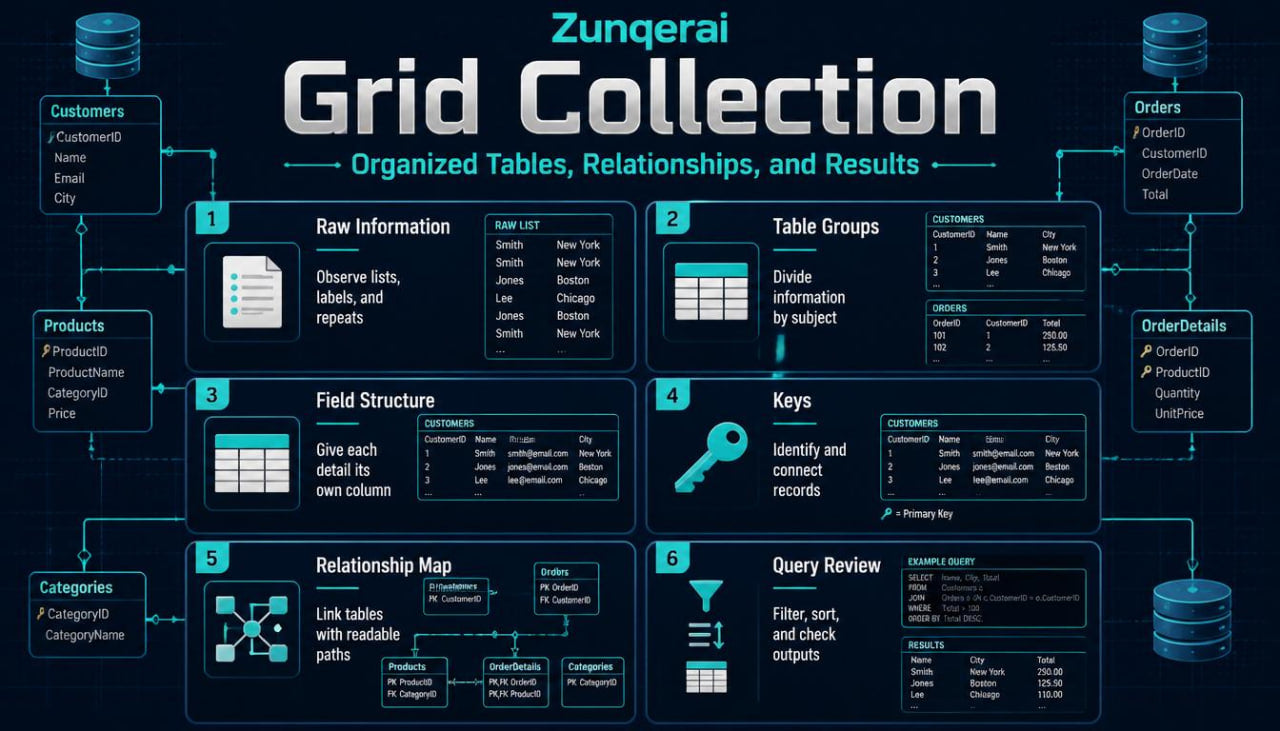 Diagram of Zungerai Grid Collection with steps for organizing tables, relationships, and results.