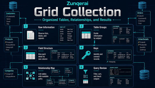Diagram of Zungerai Grid Collection with steps for organizing tables, relationships, and results.