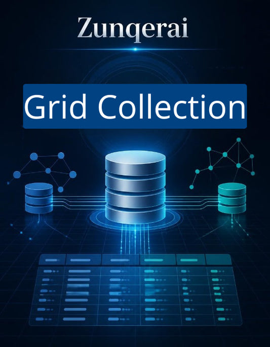 Zunqerai Grid Collection with database icons and network diagrams on a dark background