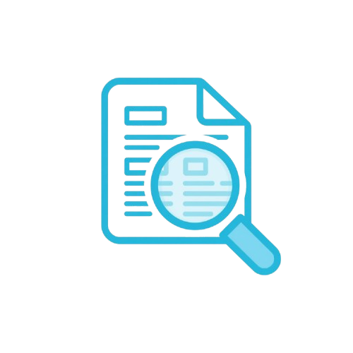 Icon of a document with a magnifying glass on a white background