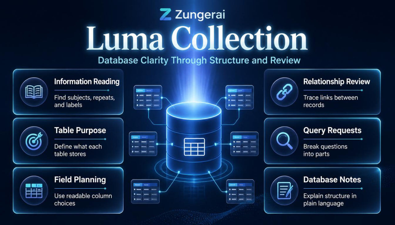 Zungerai Luma Collection software interface with database structure elements on a dark background