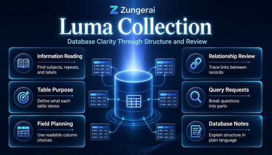 Zungerai Luma Collection software interface with database structure elements on a dark background
