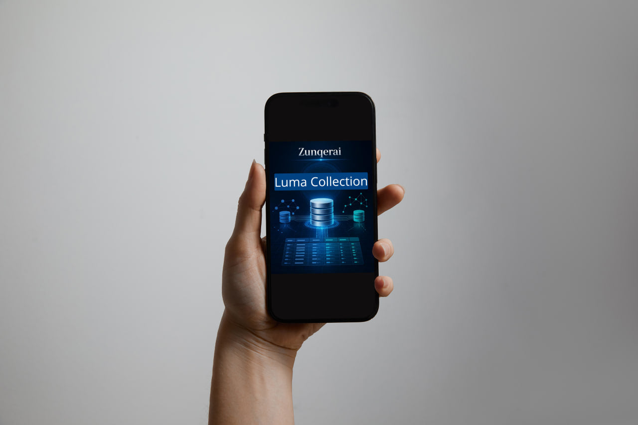 Hand holding a smartphone displaying the Zongerai Luma Collection app on a gray background