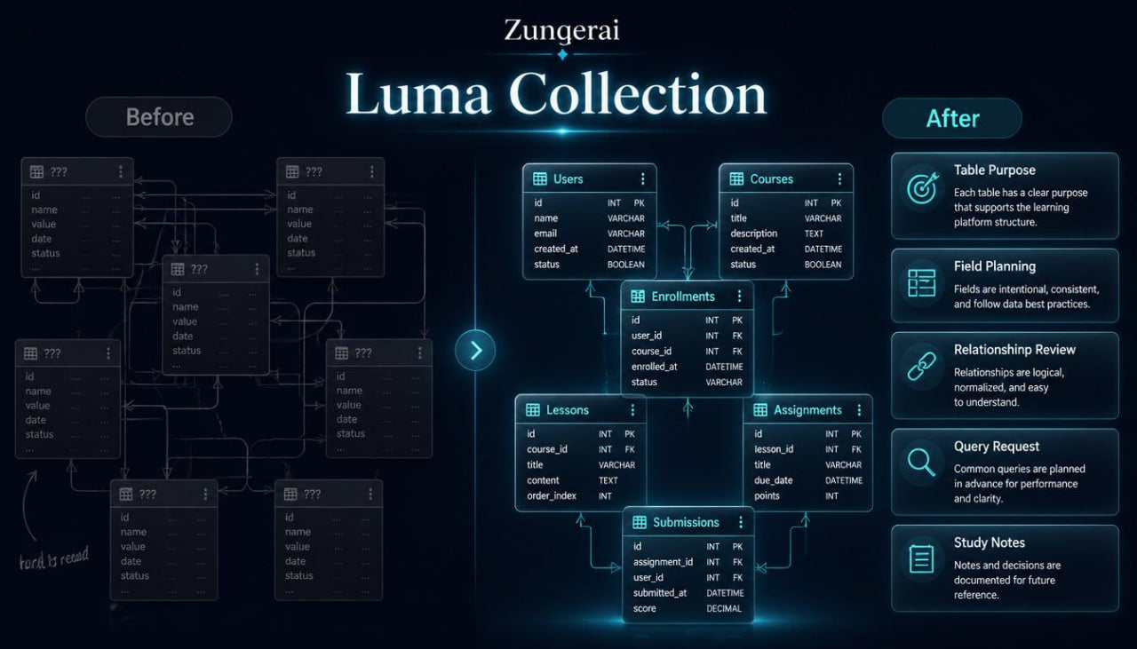 Zungerai Luma Collection software interface with before and after comparisons on a dark background