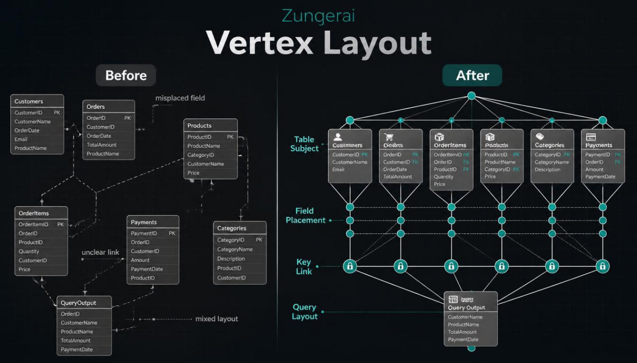 Diagram showing 'Before' and 'After' vertex layout with Zungerial branding.